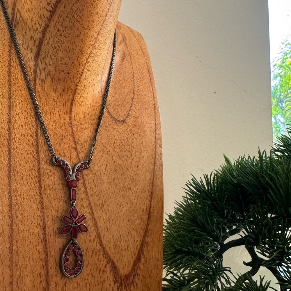 Vintage GIVENCHY Red Crystal Gothic Pendant Negligee Necklace